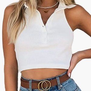 Casual Button Front Sleeveless Collared Rib Knit Crop Tank Top